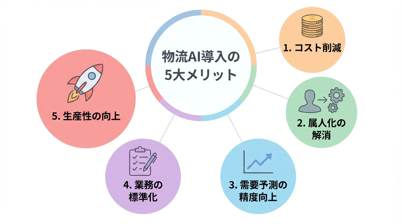 物流AI導入の5つのメリットを図解したインフォグラフィック。コスト削減、属人化解消、需要予測精度向上、業務標準化、生産性向上をアイコンで示している。