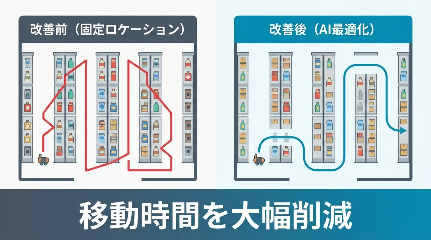 AI導入によるピッキング動線の最適化ビフォーアフター図