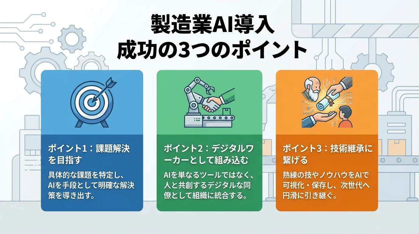 製造業のAI導入を成功させる3つのポイント（課題解決、デジタルワーカー化、技術継承）をアイコン付きで解説したインフォグラフィック。