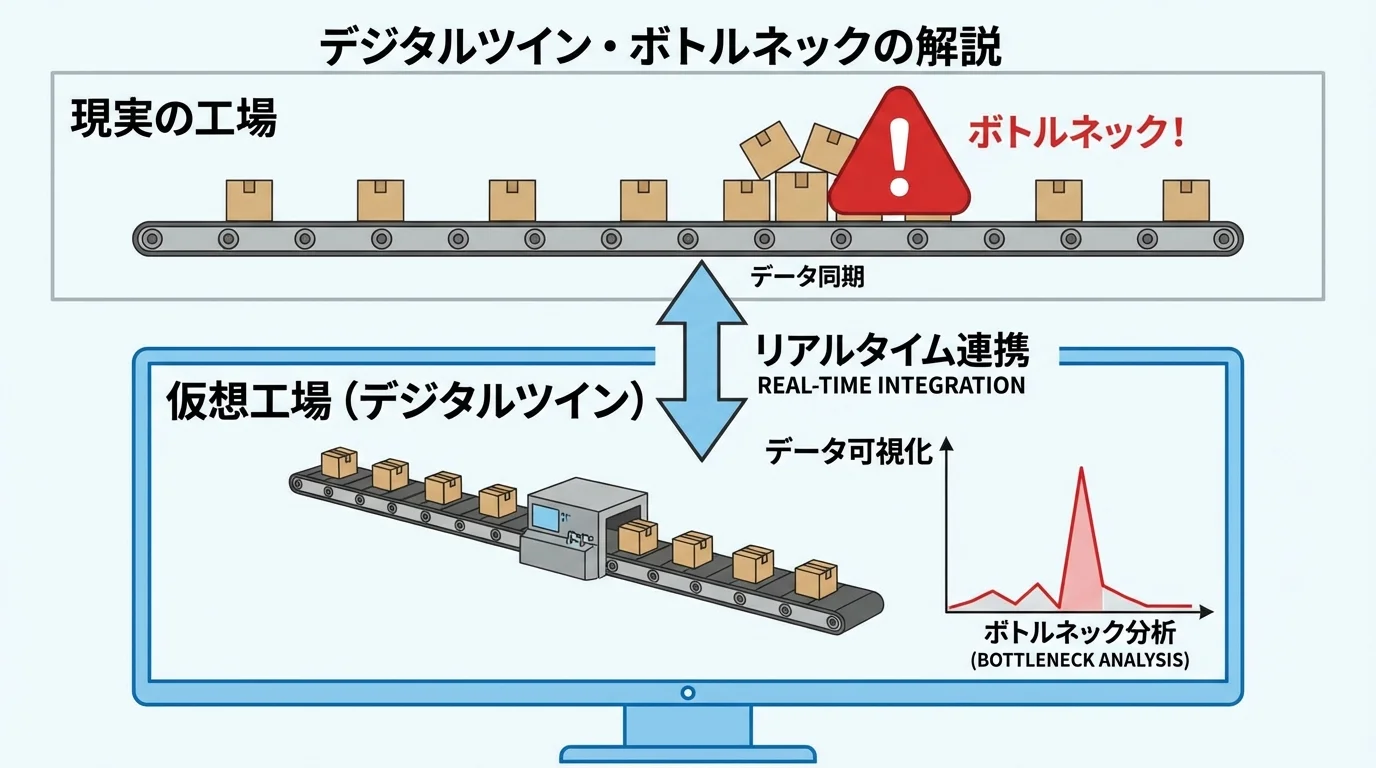デジタルツインで現実の工場の生産ラインを仮想空間に再現し、ボトルネックを可視化・解消する仕組みを示す図解。
