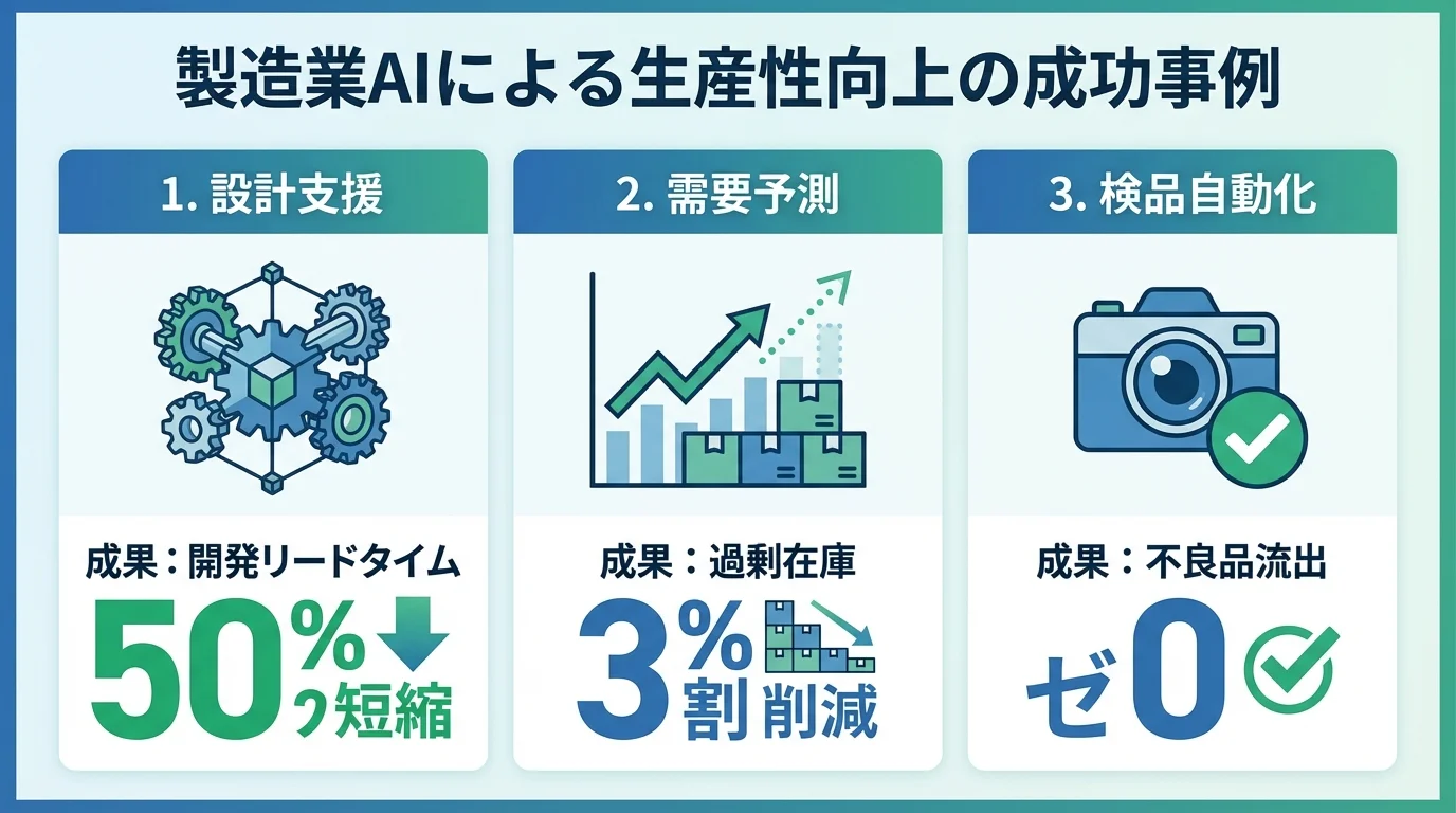 製造業におけるAI活用成功事例として、設計支援によるリードタイム短縮、需要予測による在庫削減、検品自動化による不良品流出ゼロの成果を示したインフォグラフィック。