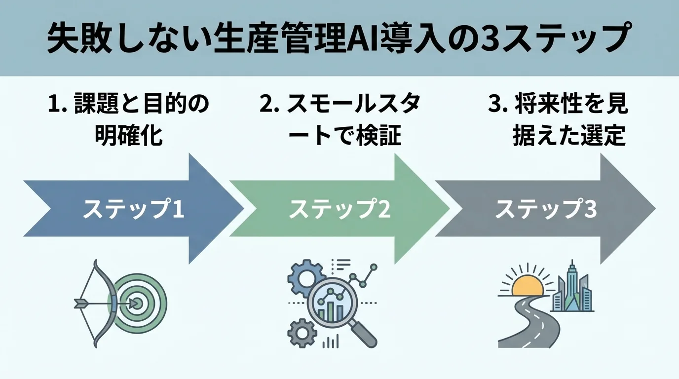 生産管理AIを失敗せずに導入するための3つのステップ(課題の明確化、スモールスタート、システム選定)を示したステップ図。