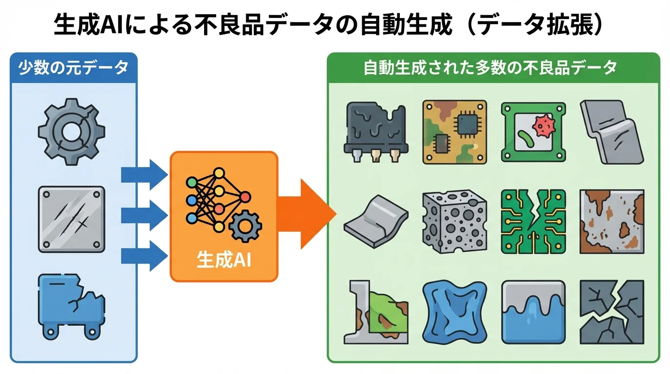 生成AIによるデータ拡張の仕組みを示す概念図。少数の不良品画像から、AIが多様なパターンの不良品画像を自動で大量に生成するプロセスを描いている。