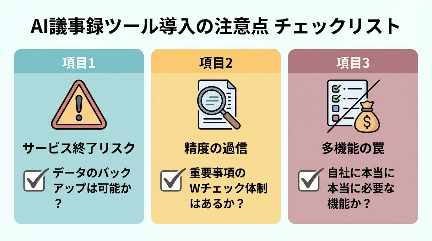 AI議事録ツール導入で失敗しないための注意点チェックリストのインフォグラフィック。サービス終了リスク、精度の過信、多機能の罠の3つのポイントを確認できる。