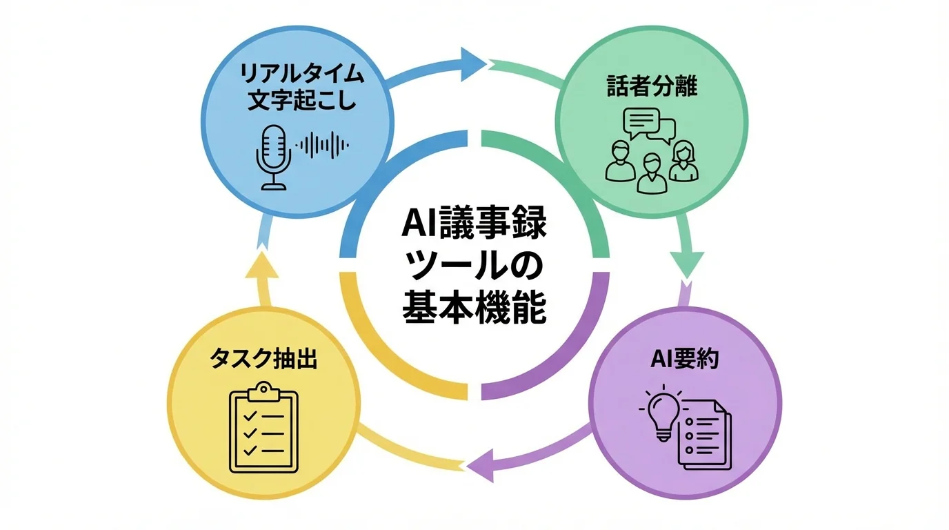 AI議事録ツールの4つの基本機能（文字起こし、話者分離、AI要約、タスク抽出）をアイコンで解説したインフォグラフィック。