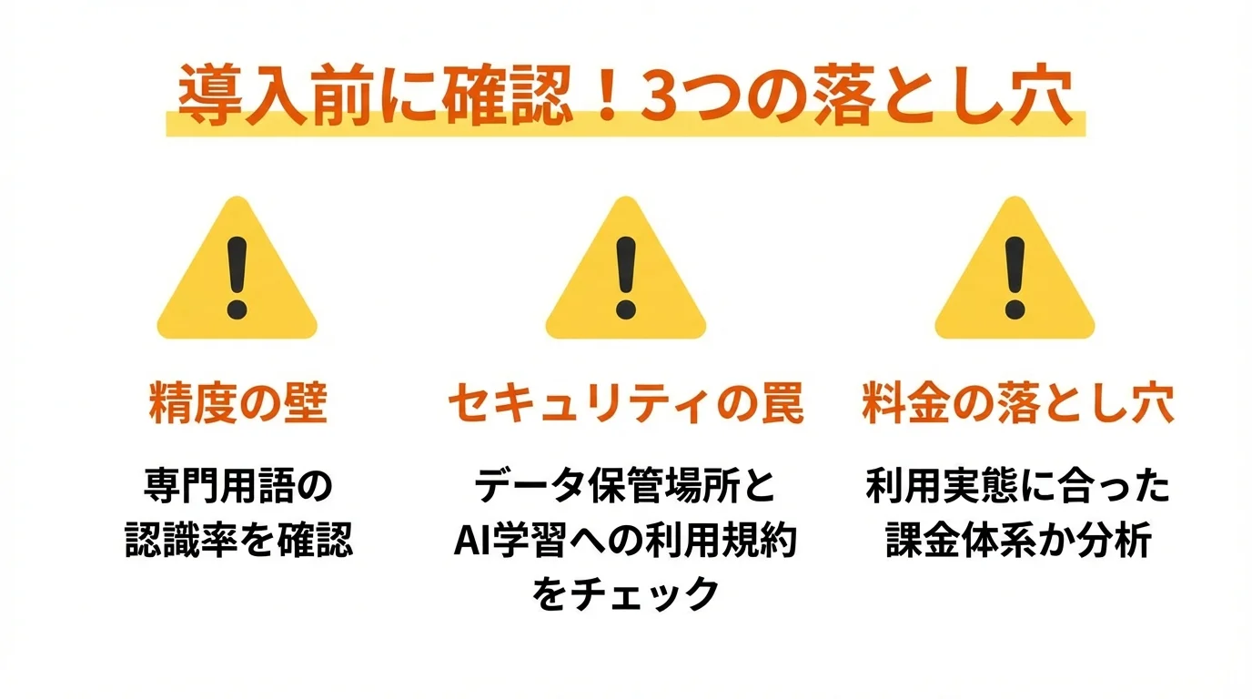 AI議事録ツール導入で失敗しないための3つの注意点（精度の壁、セキュリティの罠、料金の落とし穴）を解説するインフォグラフィック。