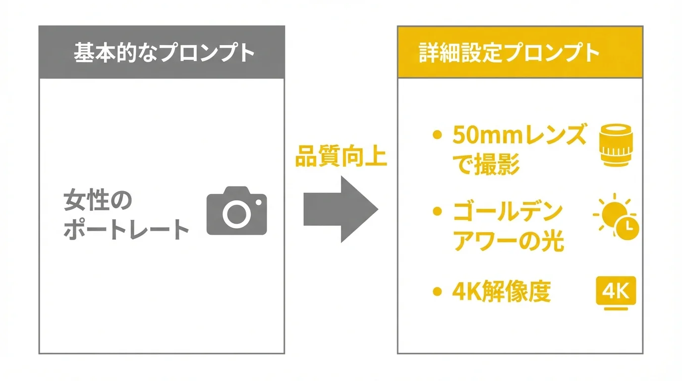 Nano Banana Proのプロンプト活用術。基本的なプロンプトと、カメラ設定などを加えた詳細設定プロンプトの比較表。