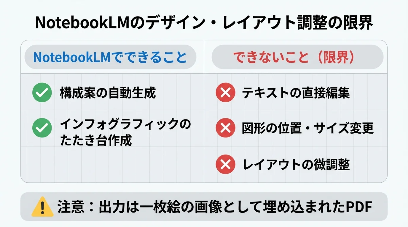 NotebookLMで可能なこと（構成案生成）と不可能なこと（デザインの微調整）を対比させた比較表。