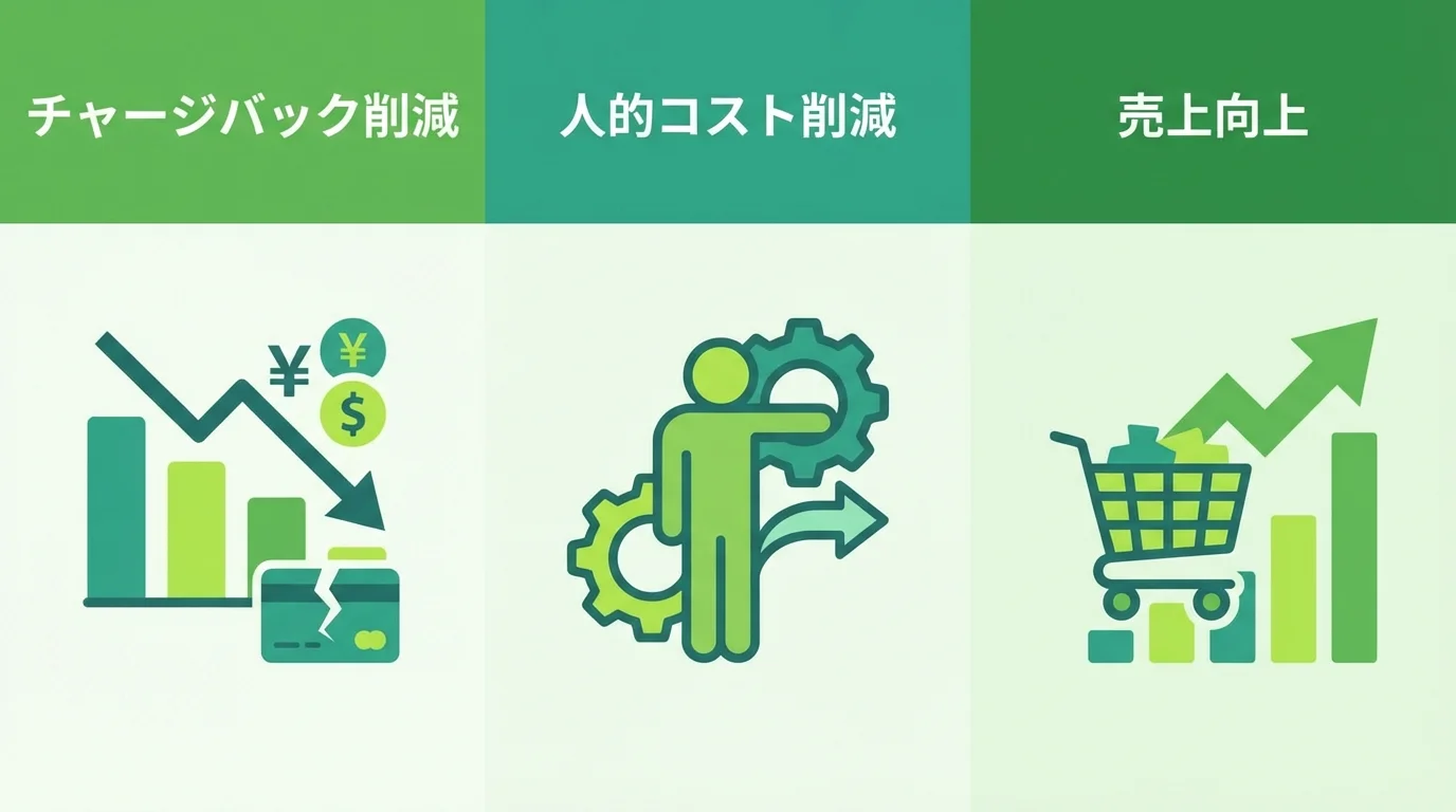 不正検知システム導入の3大メリット（チャージバック削減、人的コスト削減、売上向上）をアイコンで示すインフォグラフィック。