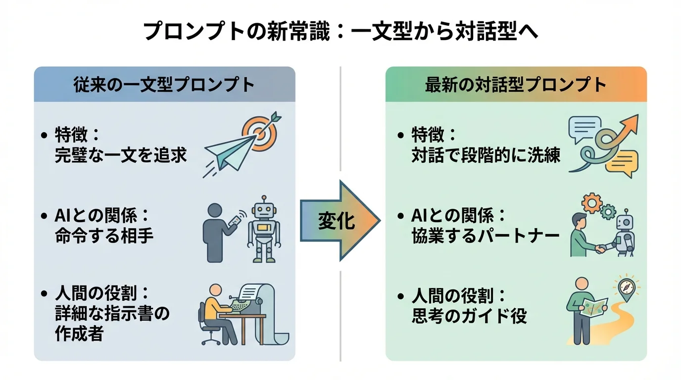 従来の一文型プロンプトと最新の対話型プロンプトの特徴、AIとの関係、人間の役割の違いを比較したインフォグラフィック。
