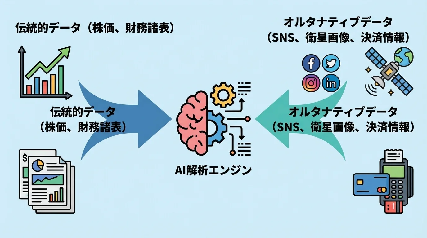 伝統的データとオルタナティブデータをAIが解析する仕組みの概念図