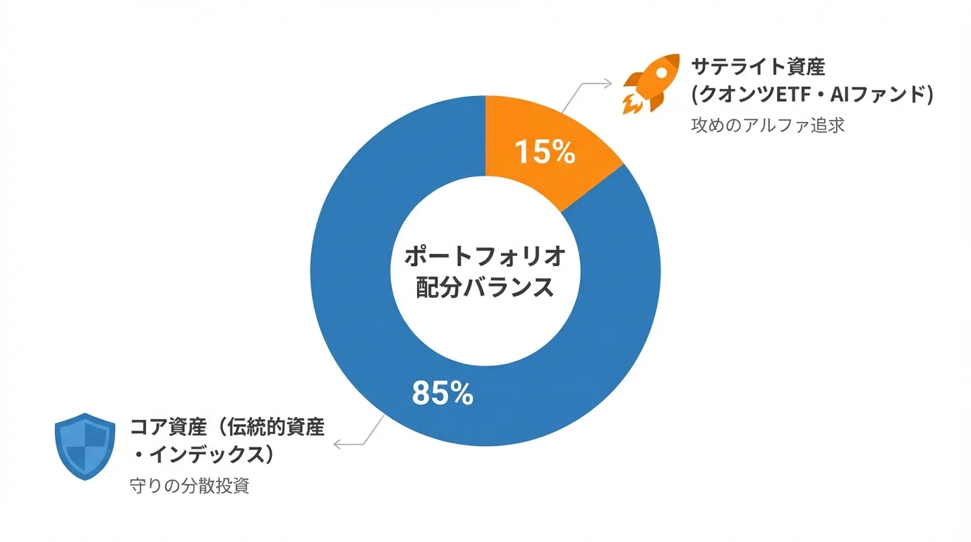 ポートフォリオのサテライト枠にクオンツ戦略を組み込む配分例の円グラフ