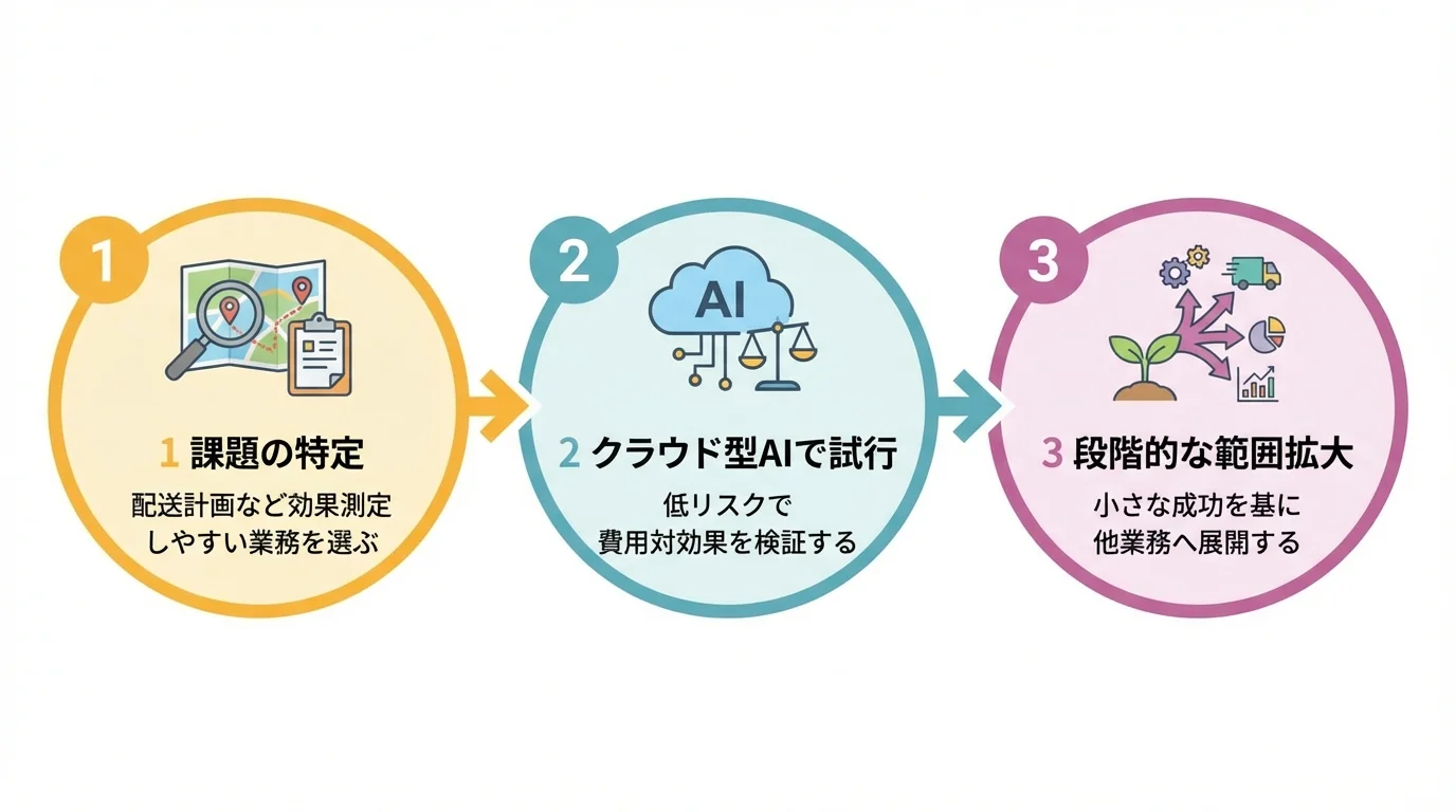 AI導入を成功に導くスモールスタート戦略の3ステップを図解したインフォグラフィック
