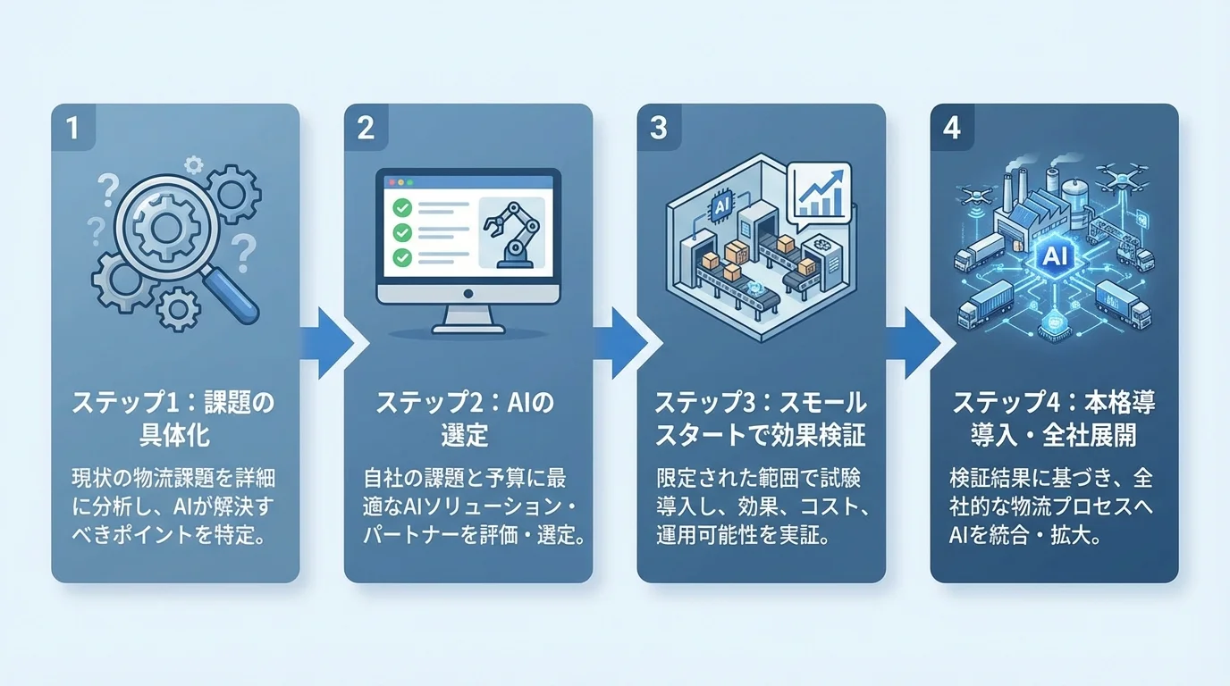 失敗しない物流AI導入の4ステップ。課題の具体化、AIの選定、スモールスタート、本格導入という流れをステップ図で解説している。