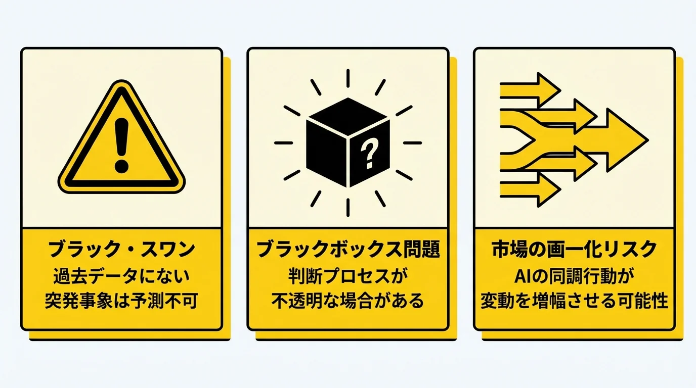 AI株価予測の3つの限界とリスクを示す図解。ブラック・スワン、ブラックボックス問題、市場の画一化リスクを解説。