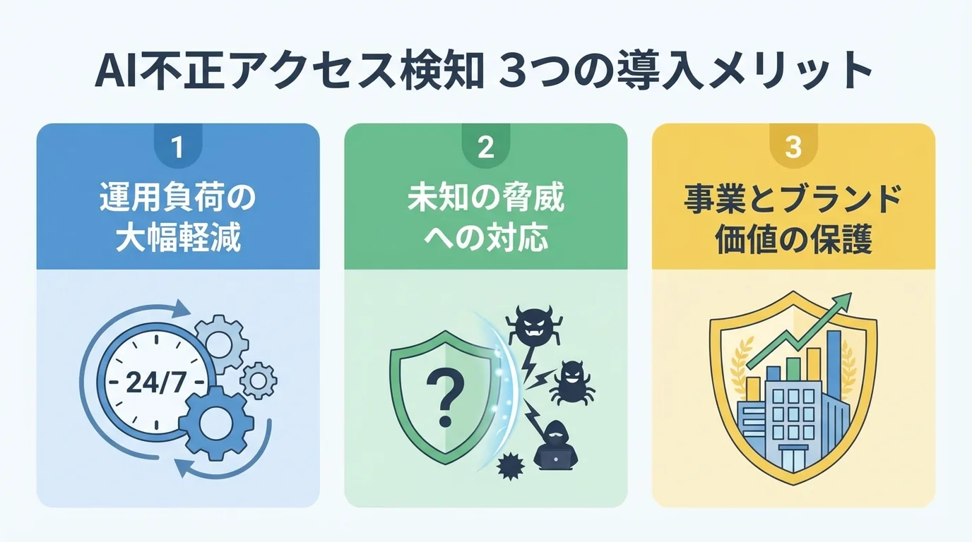 AI不正アクセス検知の導入メリットである「運用負荷の軽減」「未知の脅威への対応」「事業・ブランド価値の保護」を3つのアイコンで示したインフォグラフィック