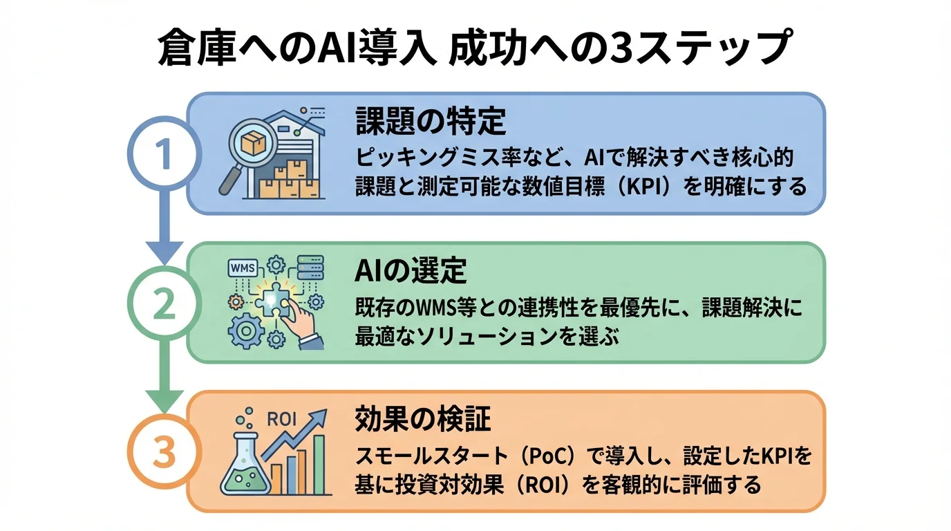 倉庫へのAI導入を成功させるための3ステップ（課題の特定、AIの選定、効果の検証）を解説するインフォグラフィック。