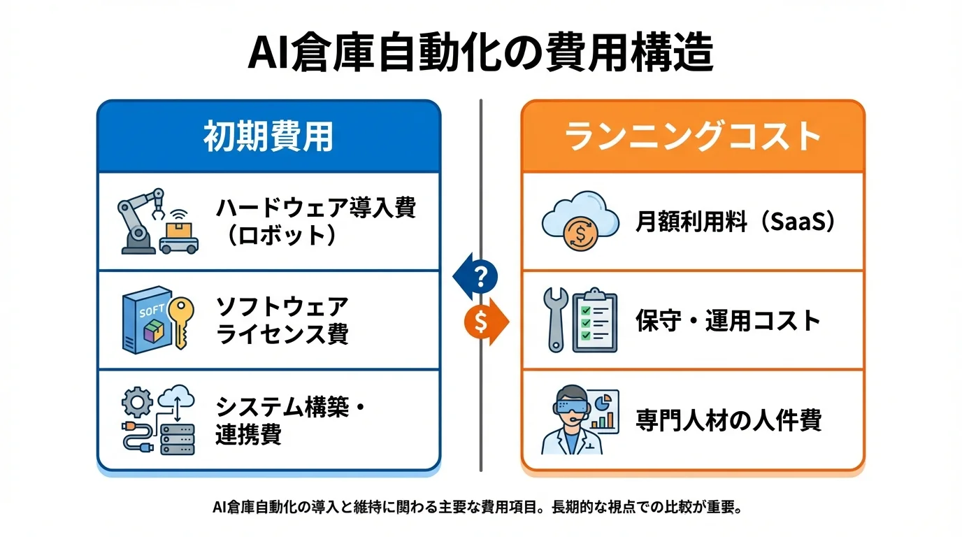 AI倉庫自動化にかかる費用の内訳を図解。ハードウェア導入などの「初期費用」と、保守運用やSaaS利用料などの「ランニングコスト」に分けて解説している。