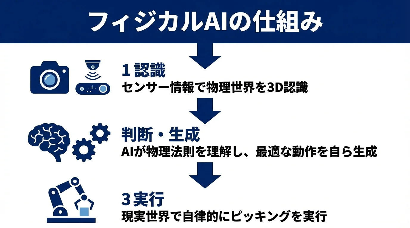 フィジカルAIが現実世界を認識し、判断、実行するまでの仕組みを示したフローチャート