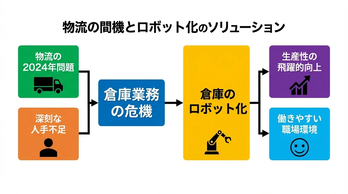 物流の2024年問題と人手不足が倉庫業務の危機につながり、その解決策として倉庫のロボット化が生産性向上と働きやすい職場環境を実現する関係を示した概念図。