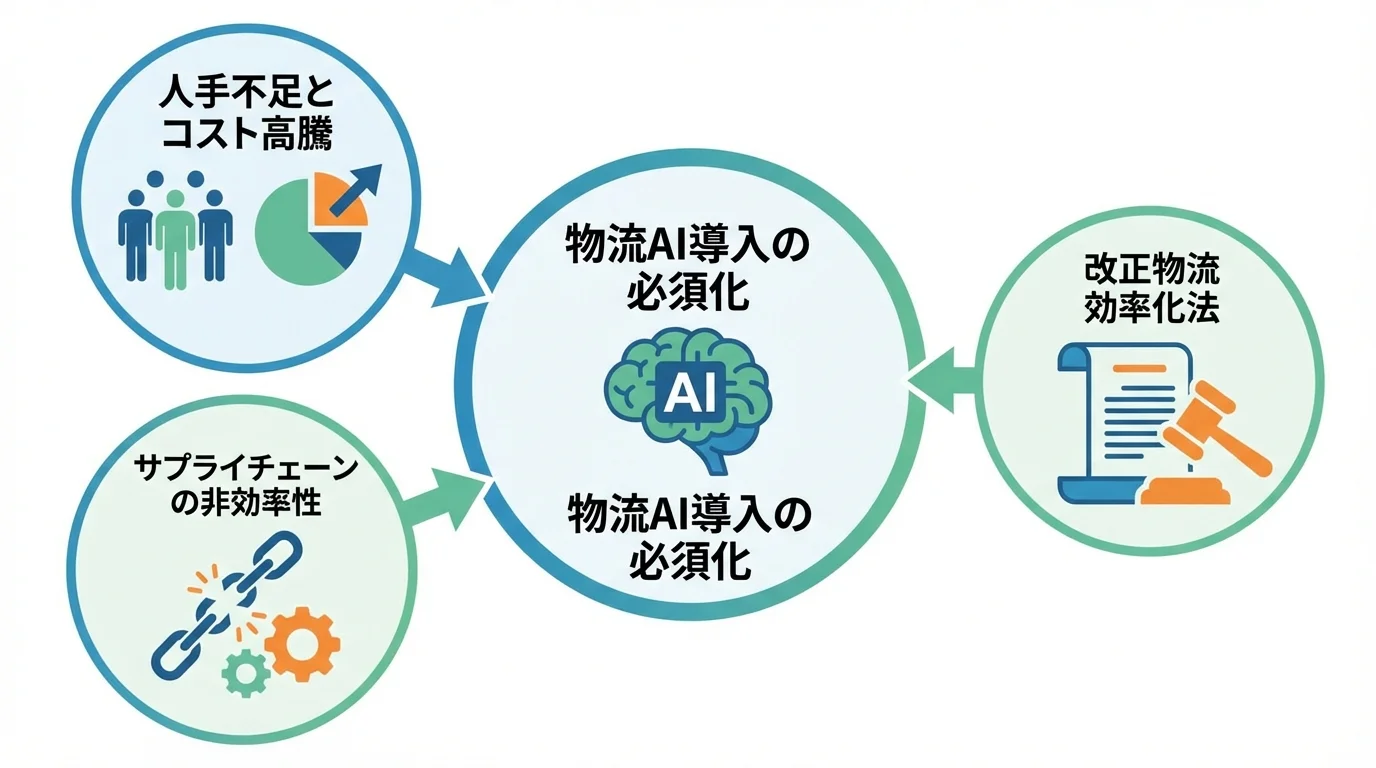 物流AI導入を加速させる3つの構造的課題（人手不足・コスト高、法改正、サプライチェーンの非効率性）を示す関係図。