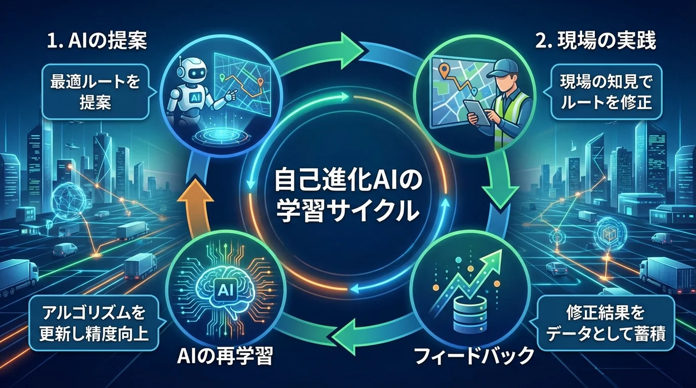AIの提案、現場の実践、フィードバック、AIの再学習という4ステップで構成される自己進化型物流AIの学習サイクル図。