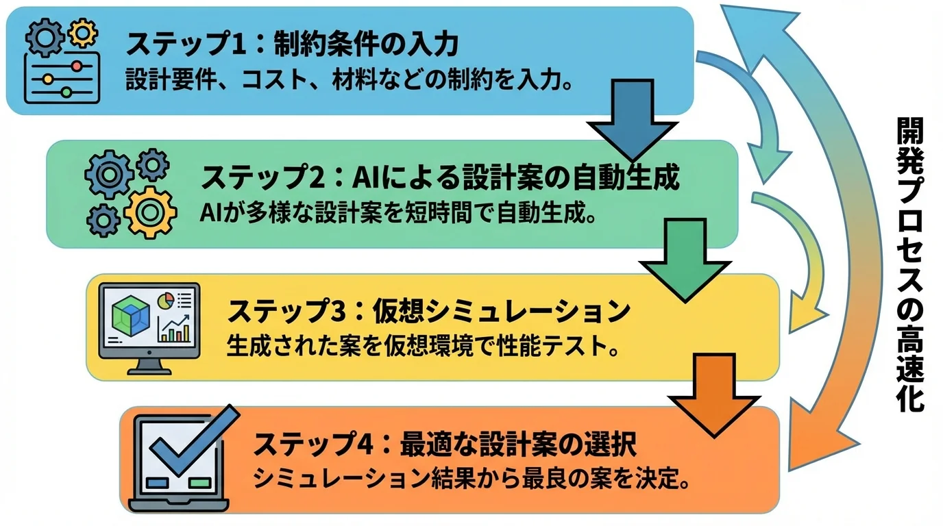 ジェネレーティブAIによる製品開発プロセスの4ステップ図。設計者が制約条件を入力すると、AIが設計案を自動生成し、シミュレーションを経て最適な案を提示する流れを示している。