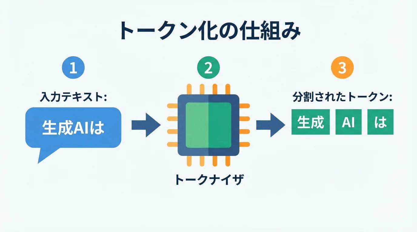 AIがテキストを処理する仕組みを示す図解。入力されたテキスト「生成AIは」が、トークナイザによって「生成」「AI」「は」というトークンに分割されるプロセスが描かれている。