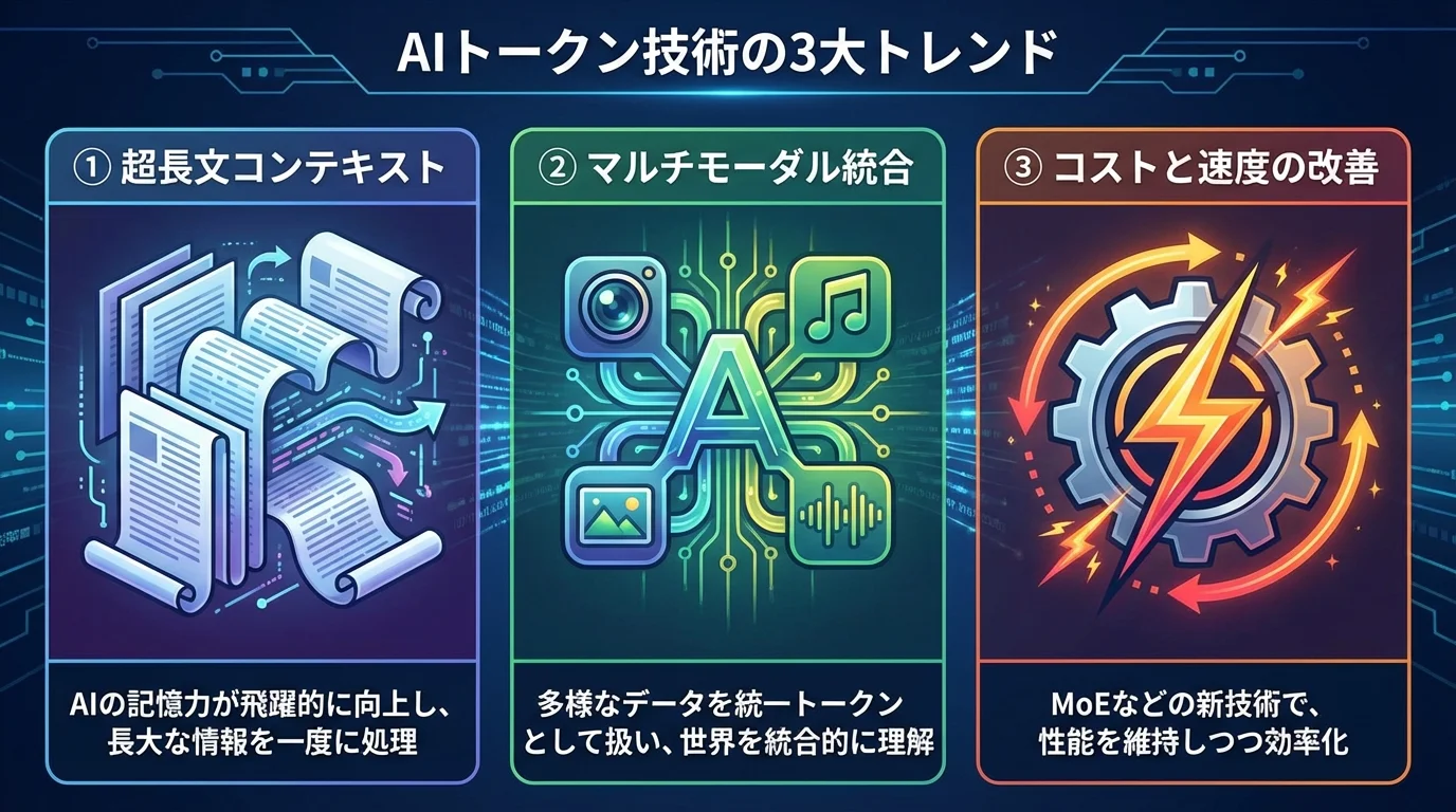 AIトークン技術の3大トレンドを示す図解。①超長文コンテキスト、②マルチモーダル統合、③コストと速度の改善がアイコンと共に解説されている。