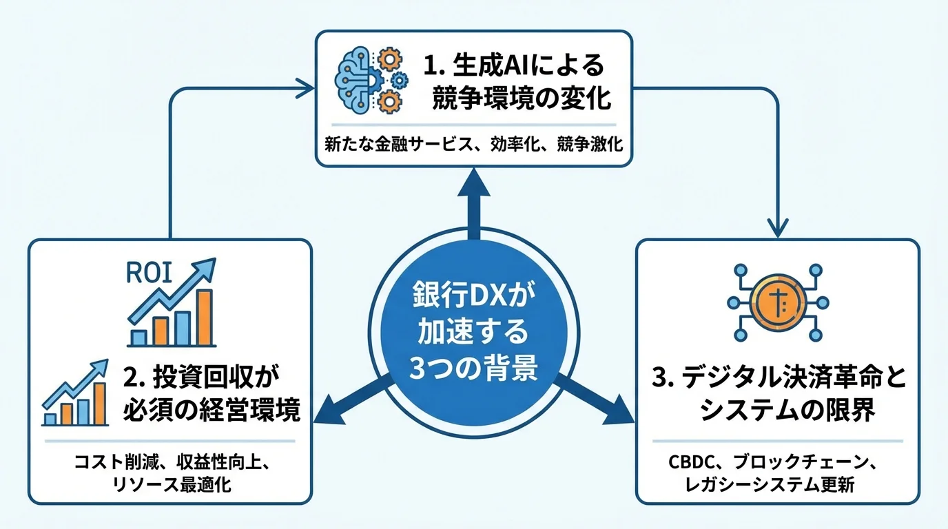銀行DXが加速する3つの背景(生成AI、投資回収、決済革命)を示した概念マップ