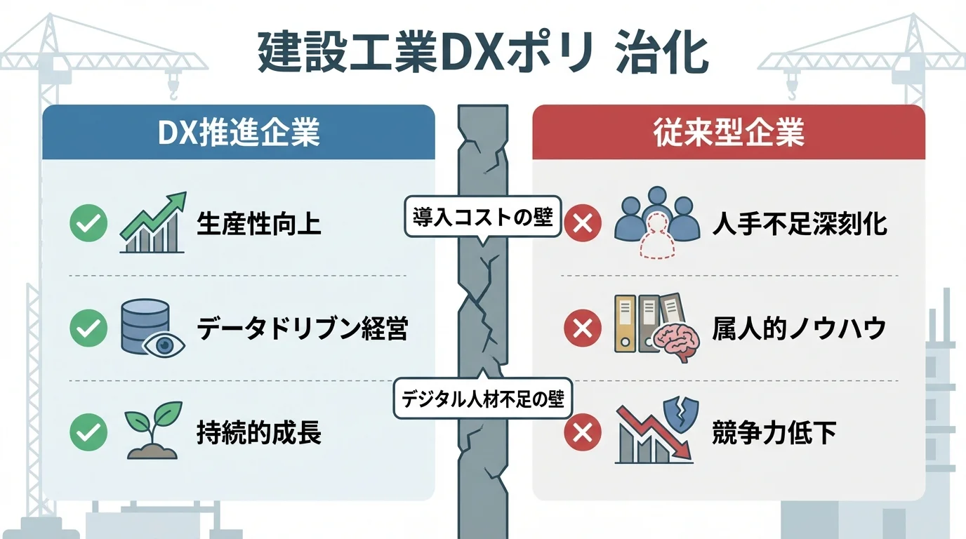 DX推進企業と従来型企業の間にある導入コストや人材不足の壁、そしてその結果生じる生産性や競争力の格差を示す比較図