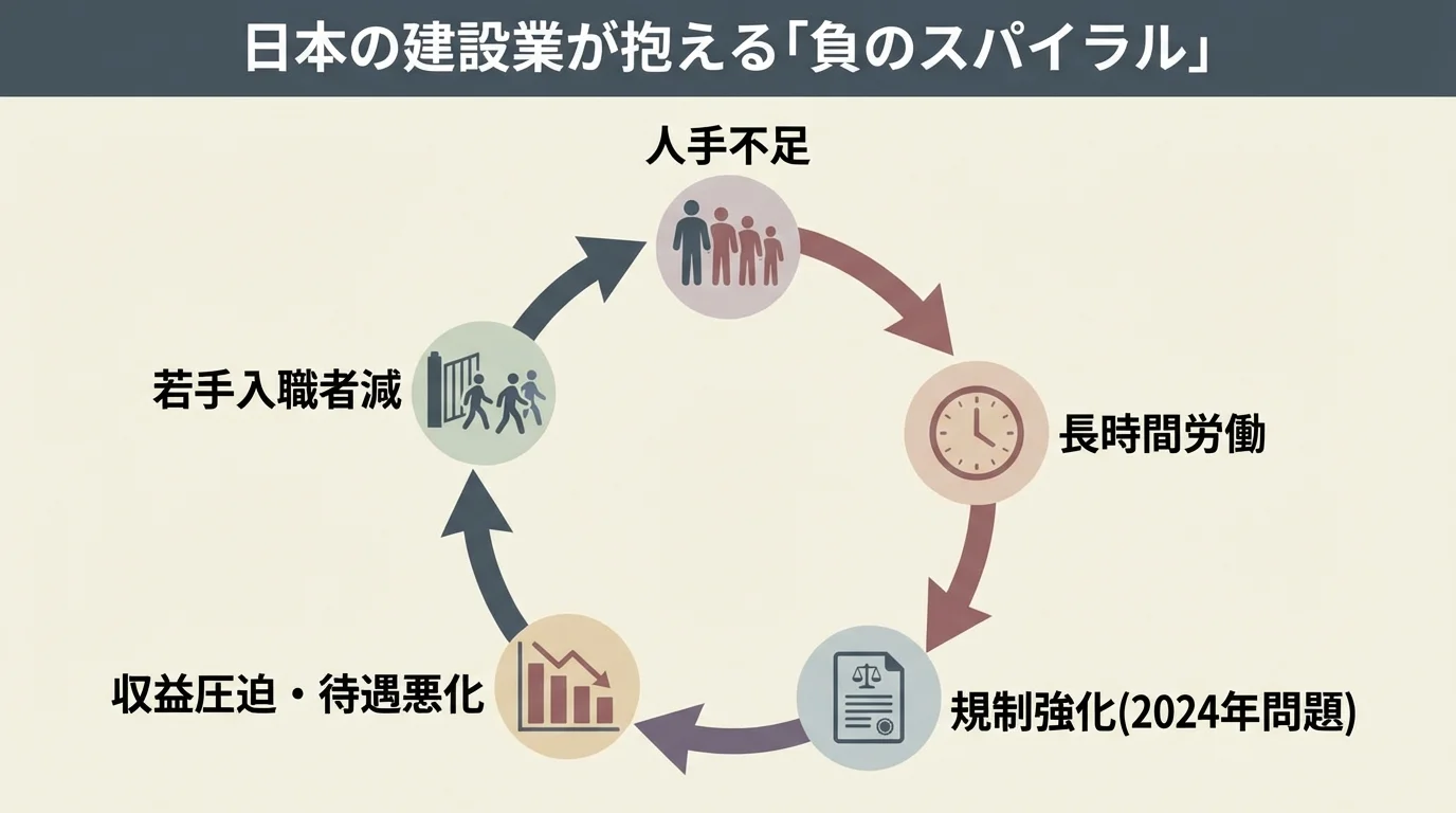 建設業界の人手不足と規制強化が引き起こす負のスパイラルの構造を図解したインフォグラフィック。