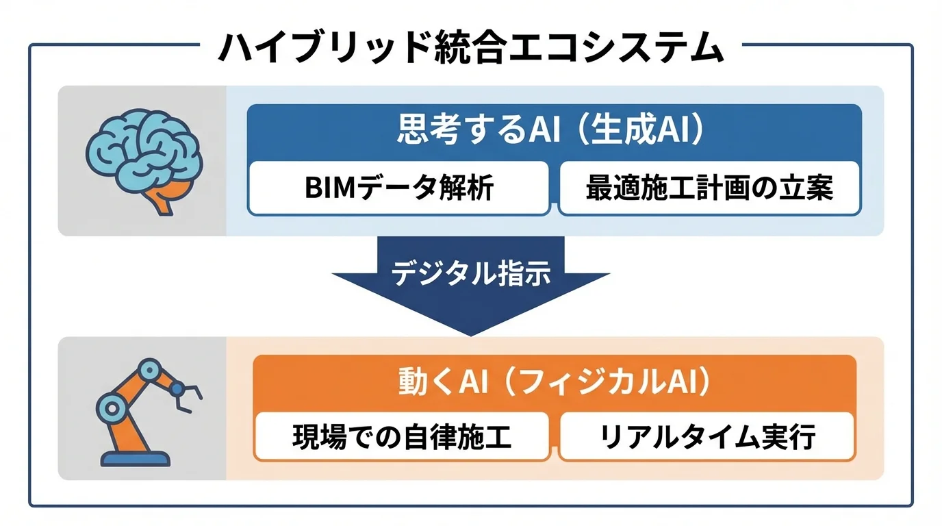 生成AI（思考）とフィジカルAI（実行）が連携するハイブリッド統合エコシステムの仕組みを示すフローチャート。