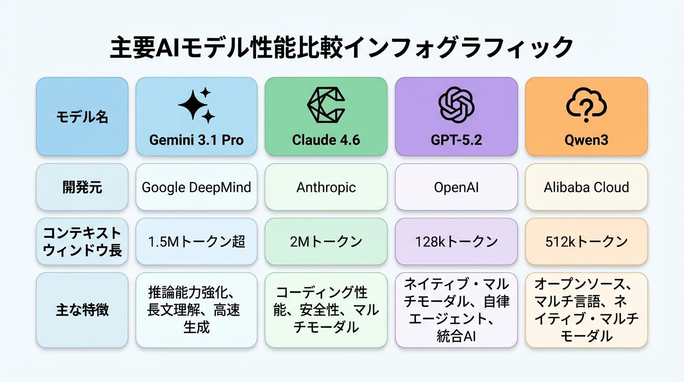 2026年時点の主要AIモデルのコンテキストウィンドウと特徴を比較するインフォグラフィック。Gemini 3.1 ProやClaude 4.6などの性能を一覧にしている。