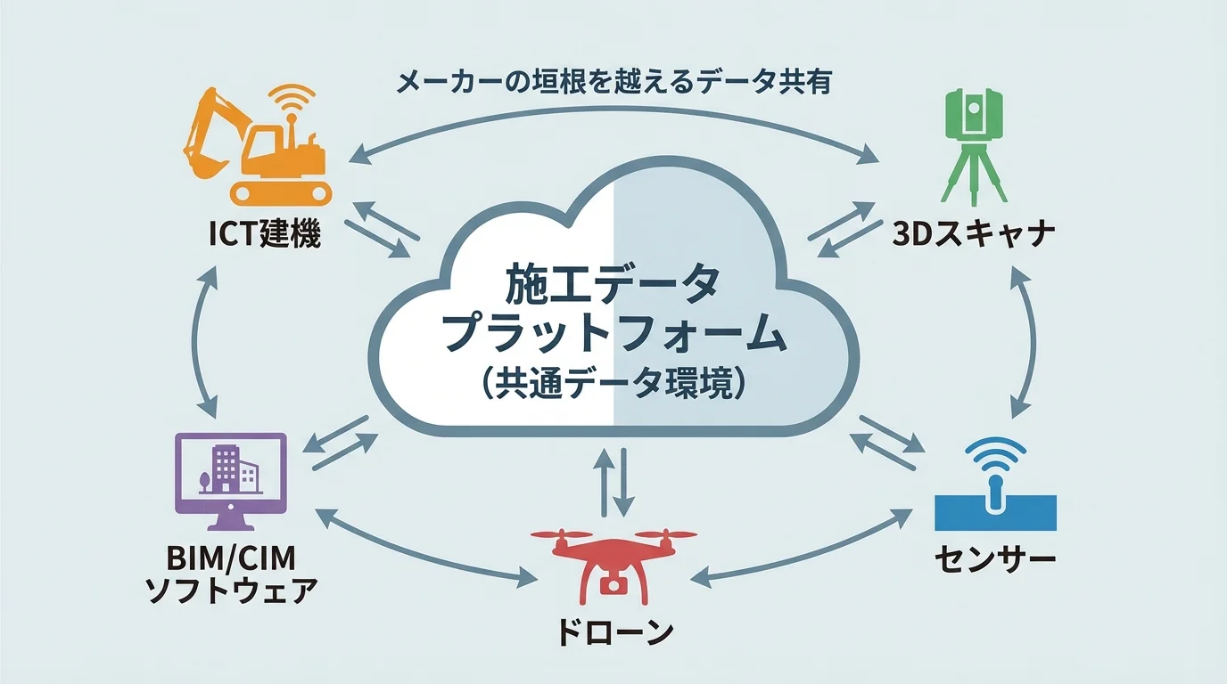 メーカーの垣根を越えて、ICT建機やBIM/CIMなど多様なソースからの施工データを一元的に集約・活用する「施工データプラットフォーム」の仕組みを示した概念図。