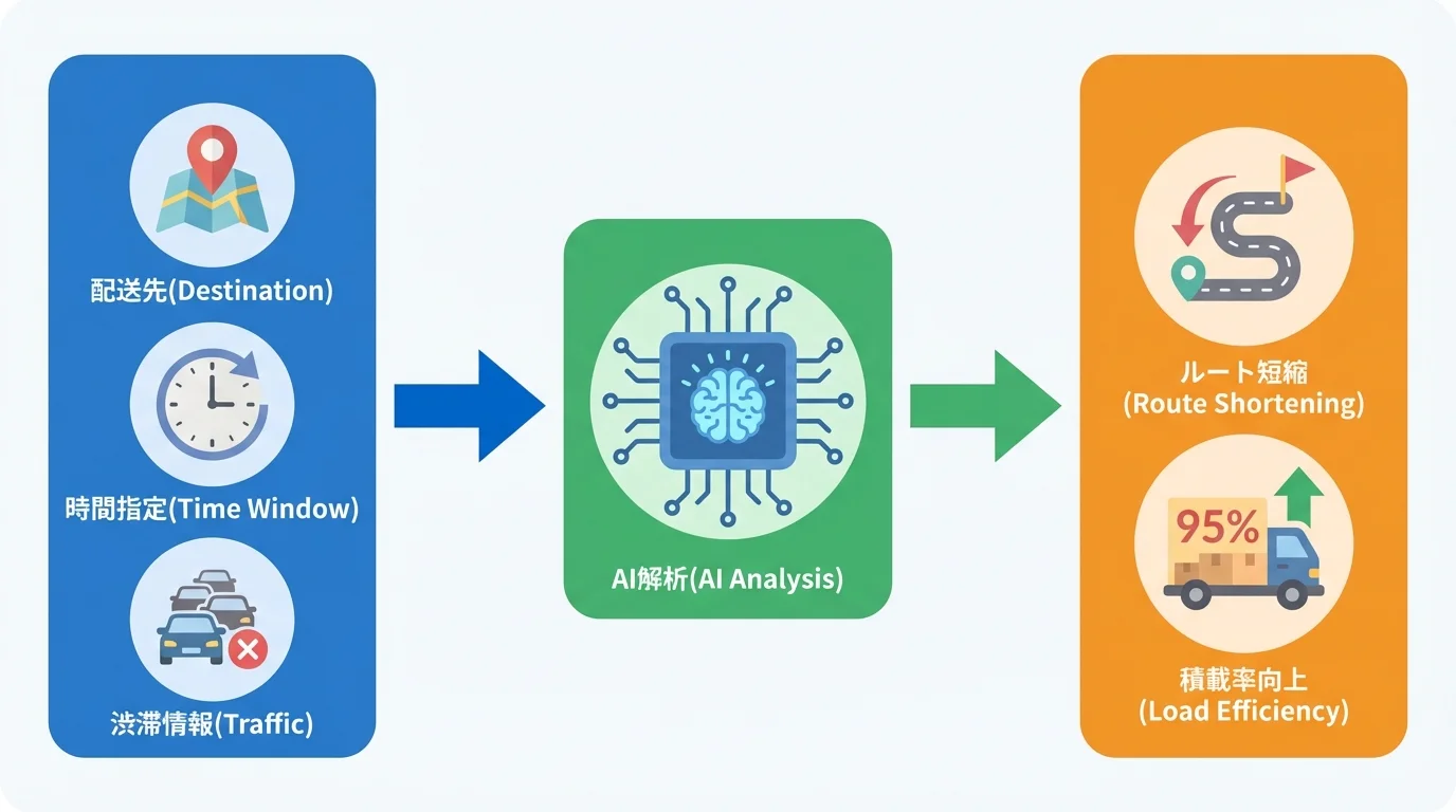 AI配車システムによるデータ解析から最適ルート算出までのプロセスフロー図