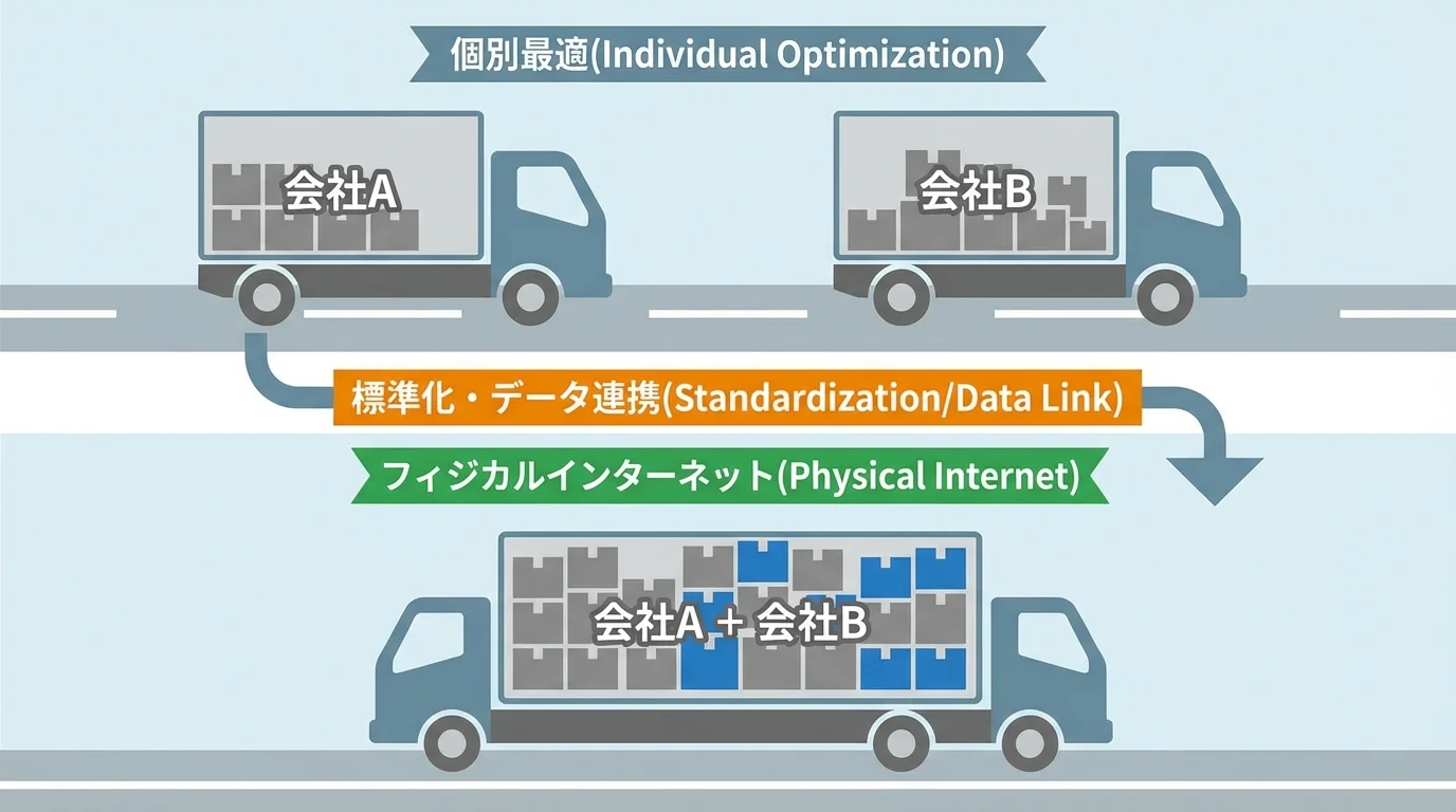 個別最適の物流とフィジカルインターネットによる全体最適を比較した概念図