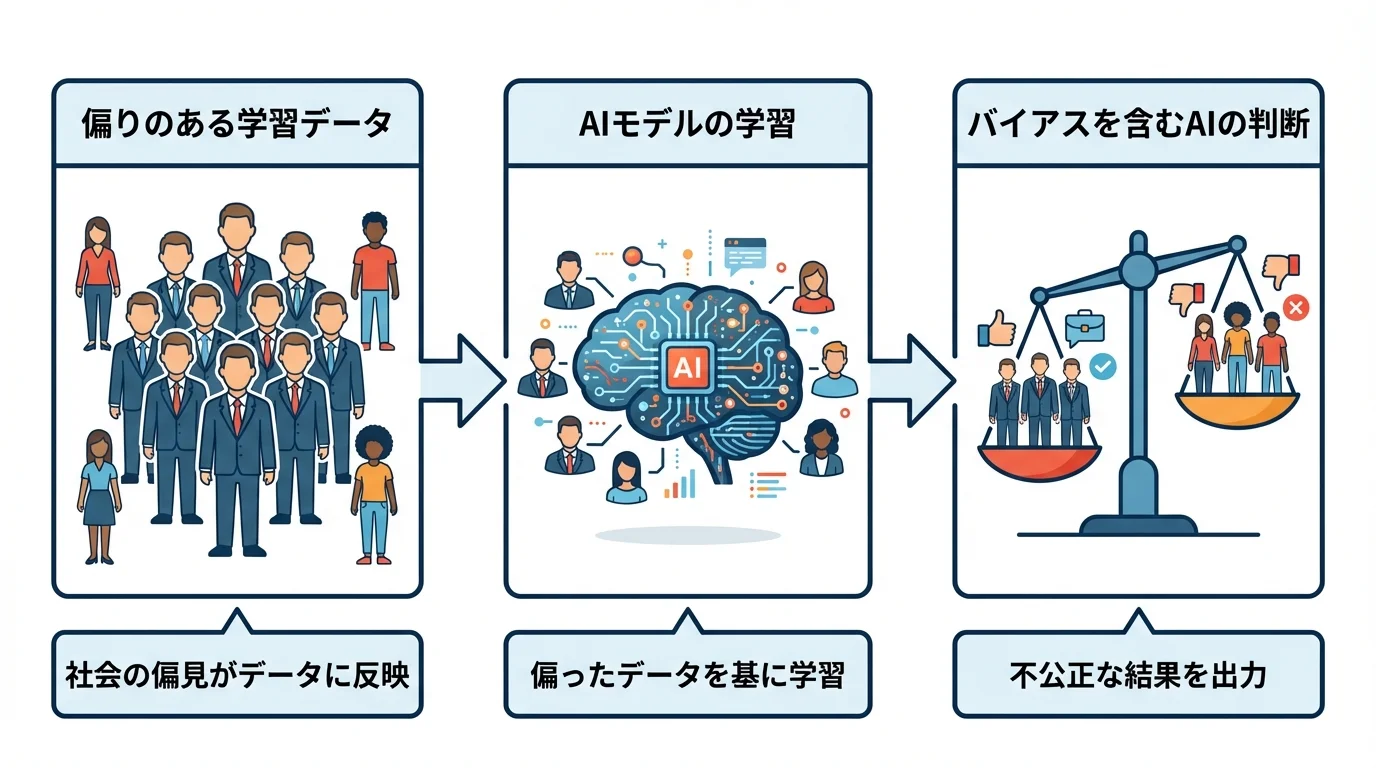 AIのバイアス問題の発生メカニズムを図解するフローチャート。偏った学習データがAIの不公正な判断につながるプロセスを示す。