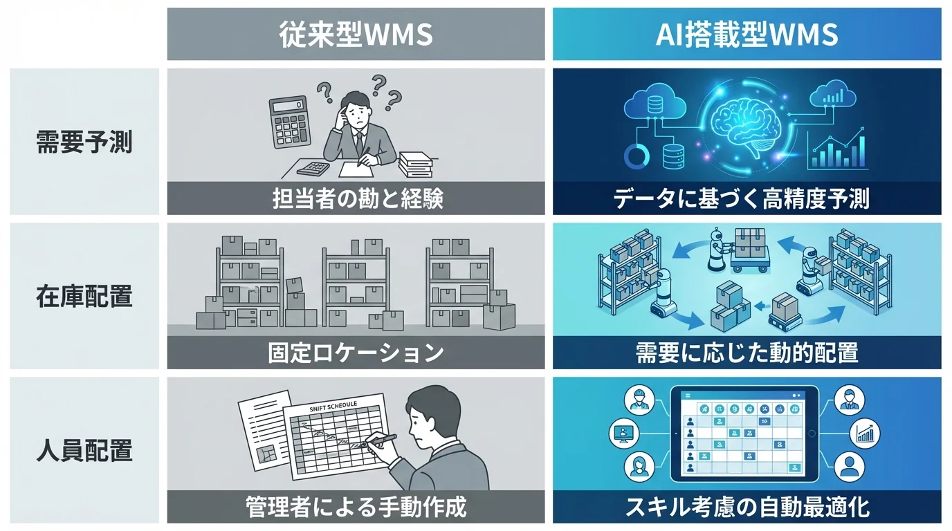従来型WMSとAI搭載型WMSの機能比較表